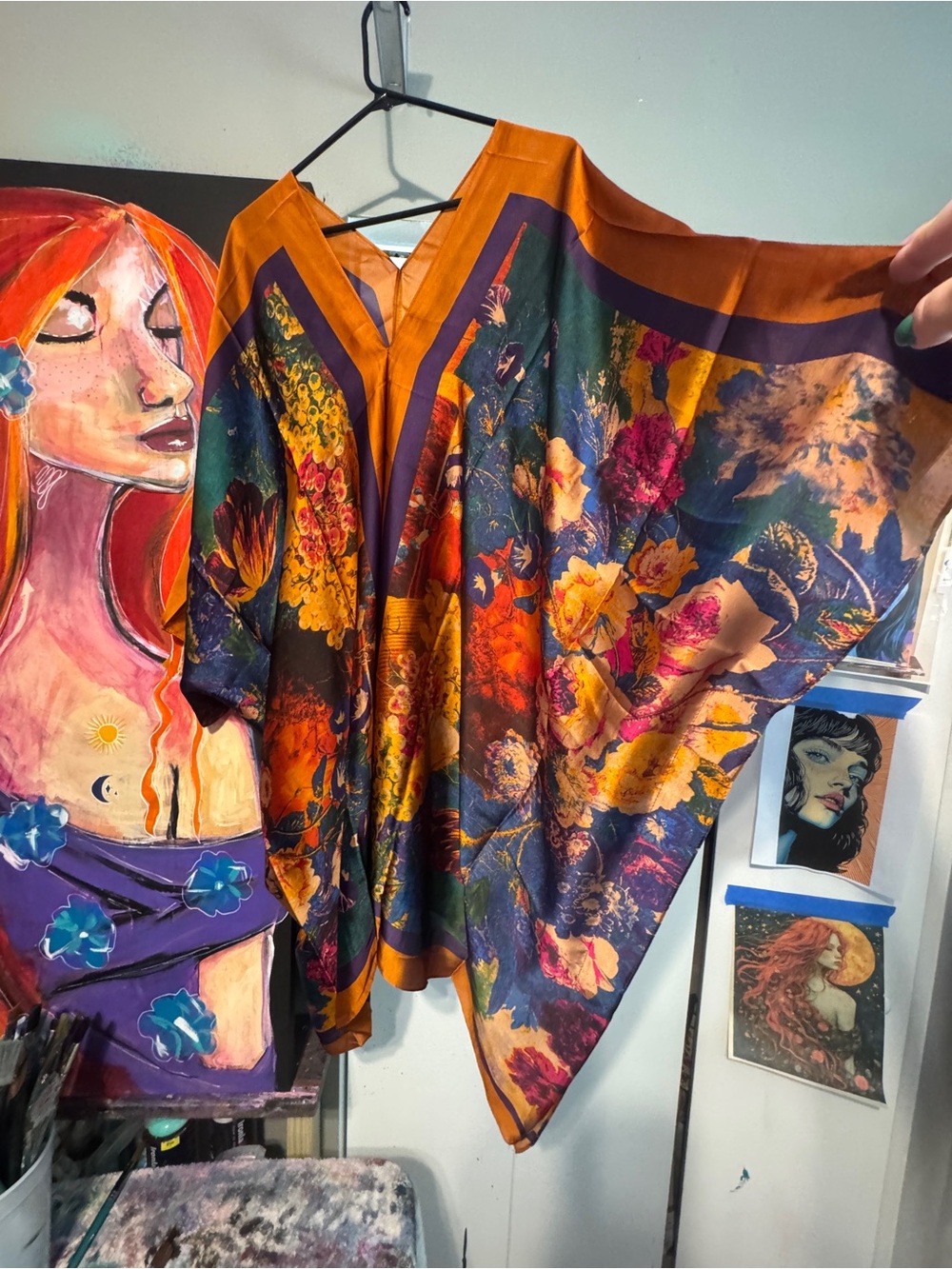 Boutique Silky Scarf Kaftan Tunic Dress Vibrant Floral Jewel Tone OSFM Boho - Picture 8 of 11